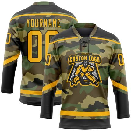 Custom Name and Number Camo Gold-Black Salute To Service Hockey Lace Neck Jersey - Personalized Team Jersey Personalized