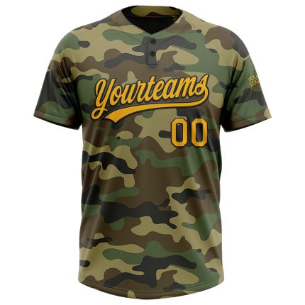 Custom Name and Number Personalized Camo Softball Jersey - Gold-Black Salute to Service Unisex Two-Button Design Personalized