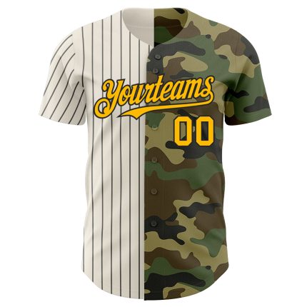 Custom Camo Gold Cream-Black Pinstripe Baseball Jersey for Salute to Service Personalized Camo Gold Cream-Black Pinstripe