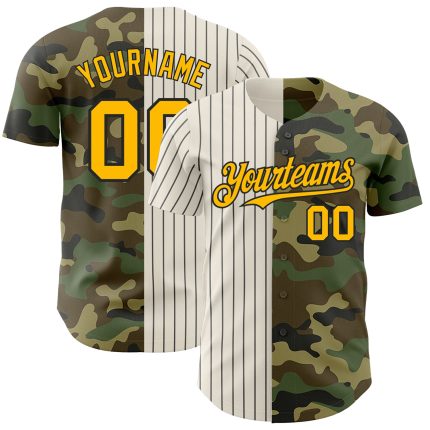 Custom Camo Gold Cream-Black Pinstripe Baseball Jersey for Salute to Service Personalized Camo Gold Cream-Black Pinstripe
