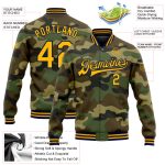Personalized Gold-Navy Camo Bomber Jacket for Men, Full-Snap Varsity Letterman Salute to Service Personalized Camo Gold-Navy