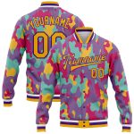 Personalized Gold-Purple Camo 3D Bomber Varsity Letterman Jacket - Salute To Service Personalized Camo Gold-Purple Fluorescent
