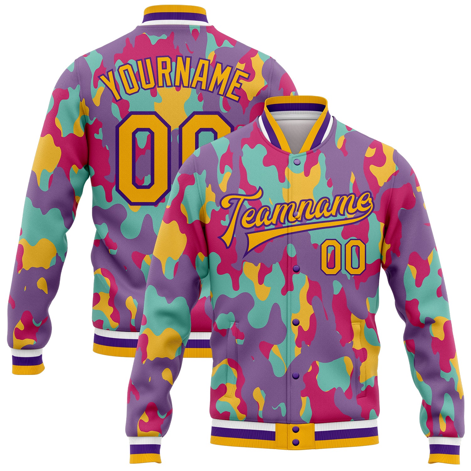 Personalized Gold-Purple Camo 3D Bomber Varsity Letterman Jacket - Salute To Service Personalized Camo Gold-Purple Fluorescent