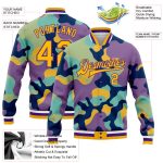 Personalized Fluorescent Camo Jacket Gold-Purple 3D Bomber Full-Snap Letterman Varsity Salute To Service Personalized Camo