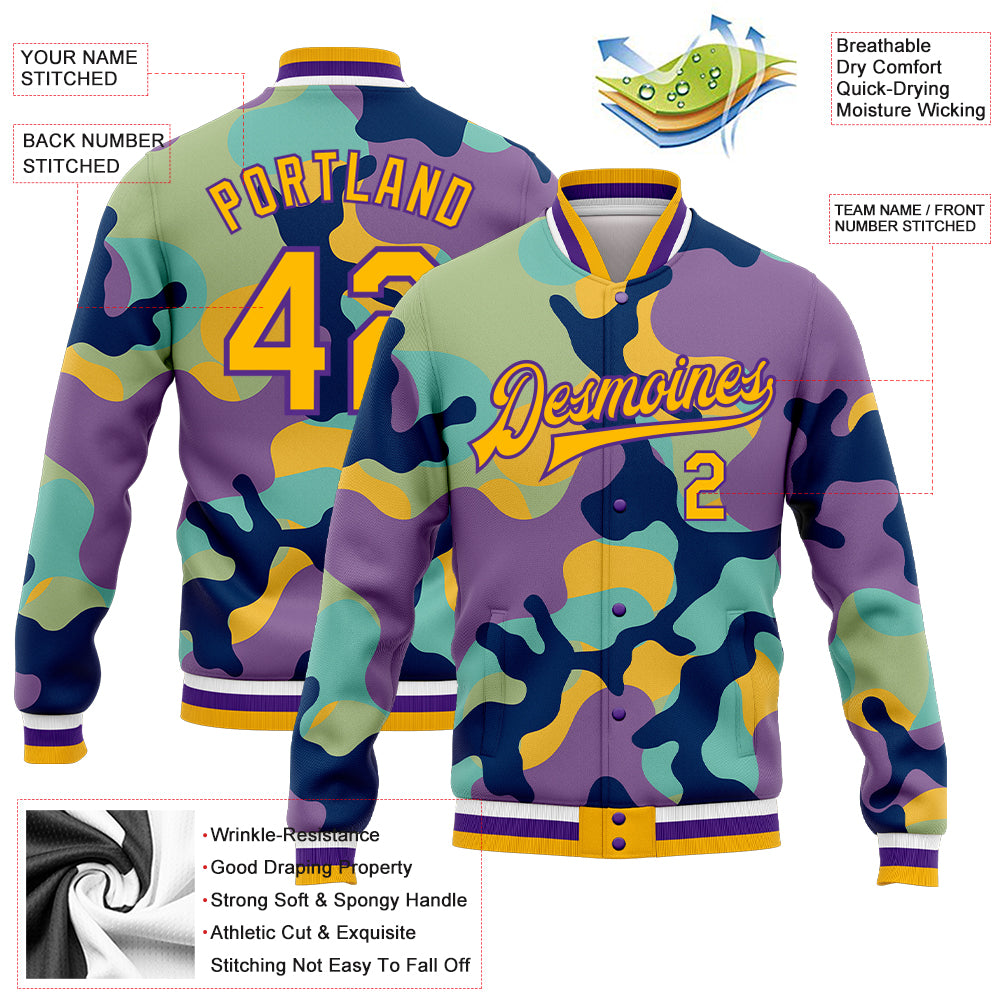 Personalized Camo Gold-Purple Fluorescent Camouflage 3D Bomber Full-Snap Varsity Letterman Salute To Service Jacket Personalized Fluorescent Camo Jacket Gold-Purple 3D Bomber Full-Snap Letterman Varsity Salute To Service Personalized Camo - Image 5