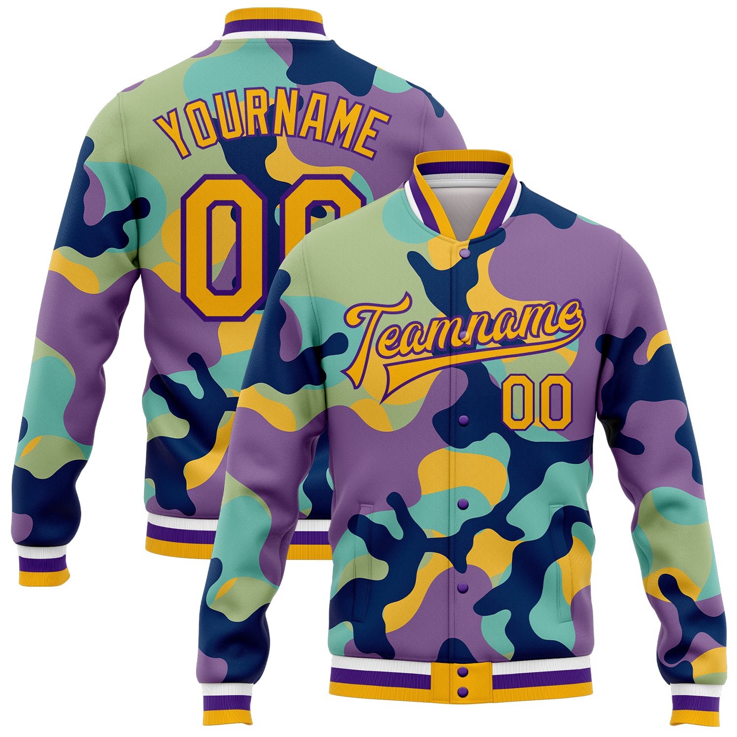 Personalized Fluorescent Camo Jacket Gold-Purple 3D Bomber Full-Snap Letterman Varsity Salute To Service Personalized Camo
