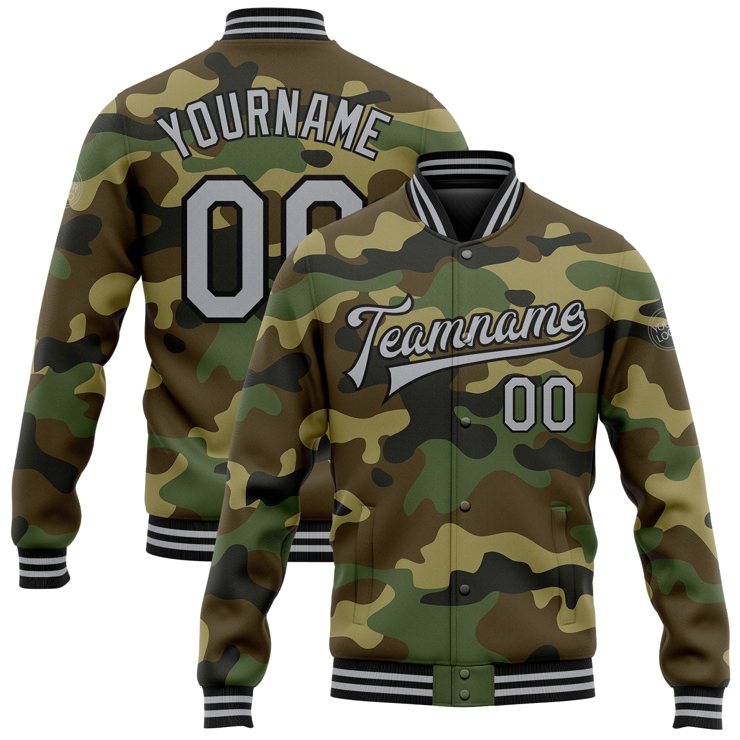 Custom Name Number Varsity Jacket Gray Black Camo Bomber Salute To Service Full-Snap Team Jacket Personalized Camo Gray-Black
