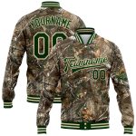 Camo Green-Cream 3D Realistic Forest Camouflage Varsity Letterman Jacket - Personalized Full-Snap Bomber Salute To Service