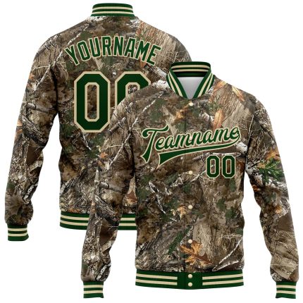 Camo Green-Cream 3D Realistic Forest Camouflage Varsity Letterman Jacket - Personalized Full-Snap Bomber Salute To Service