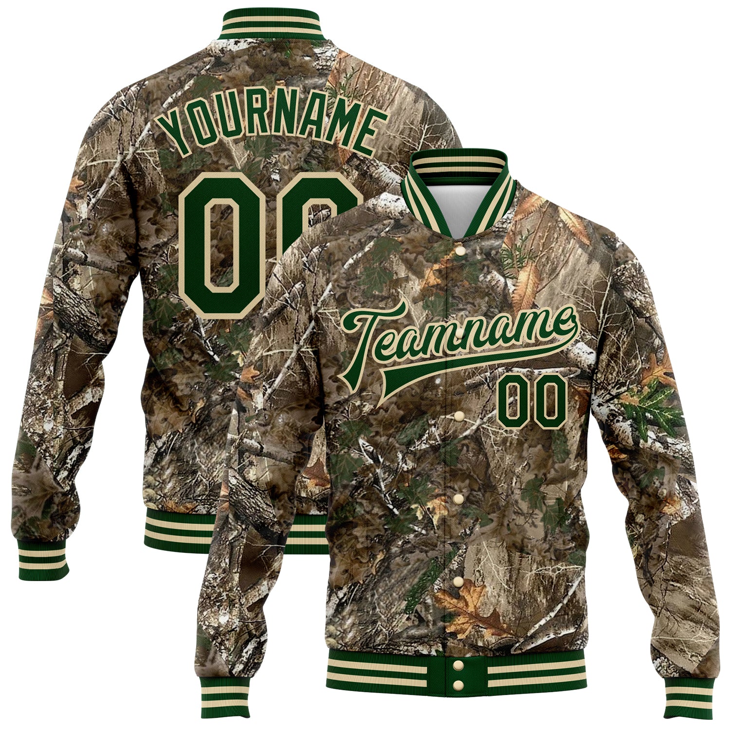 Custom Name Number Varsity Letterman Jacket 3D Camo Green-Cream Forest Camouflage Salute to Service Bomber Full-Snap Personalized