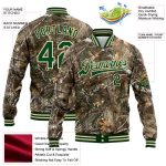 Custom Name Number Varsity Letterman Jacket 3D Camo Green-Cream Forest Camouflage Salute to Service Bomber Full-Snap Personalized