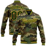 Personalized Camo Jacket for Men, Green-Gold Bomber Full-Snap Varsity Letterman Salute to Service Personalized Camo Green-Gold