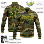 Custom Name Number Camo Green Gold Bomber Varsity Jacket - Personalized Salute To Service Full-Snap Letterman Personalized