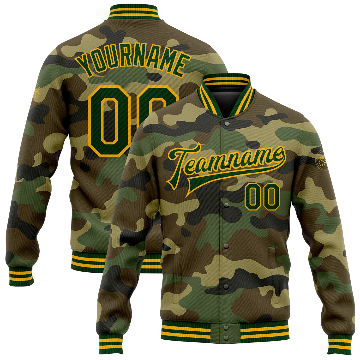 Custom Name Number Camo Green Gold Bomber Varsity Jacket - Personalized Salute To Service Full-Snap Letterman Personalized