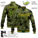 Personalized Camo Green Gold Leaves 3D Bomber Jacket Salute To Service Varsity Letterman Full-Snap Personalized Camo Green-Gold