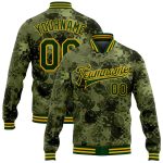 Personalized Camo Green Gold Leaves 3D Bomber Jacket Salute To Service Varsity Letterman Full-Snap Personalized Camo Green-Gold