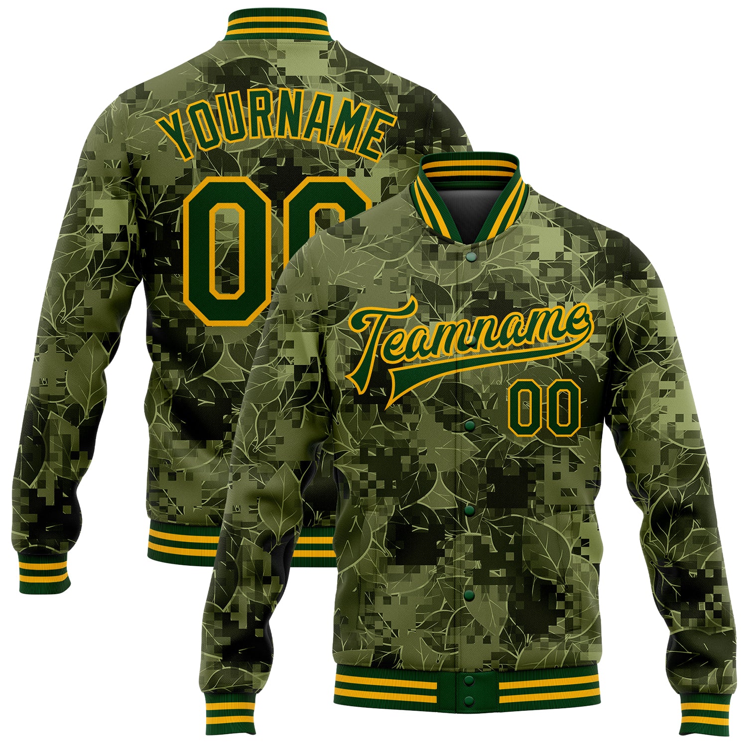 Personalized Camo Green Gold Leaves 3D Bomber Jacket Salute To Service Varsity Letterman Full-Snap Personalized Camo Green-Gold