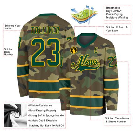 Custom Camo Green Gold Hockey Jersey | Salute to Service Design Personalized Camo Green-Gold Salute To Service Hockey Jersey