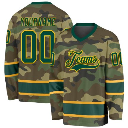 Custom Name Number Salute to Service Camo Green Gold Hockey Jersey - Personalized Team Jersey Personalized Camo Green-Gold