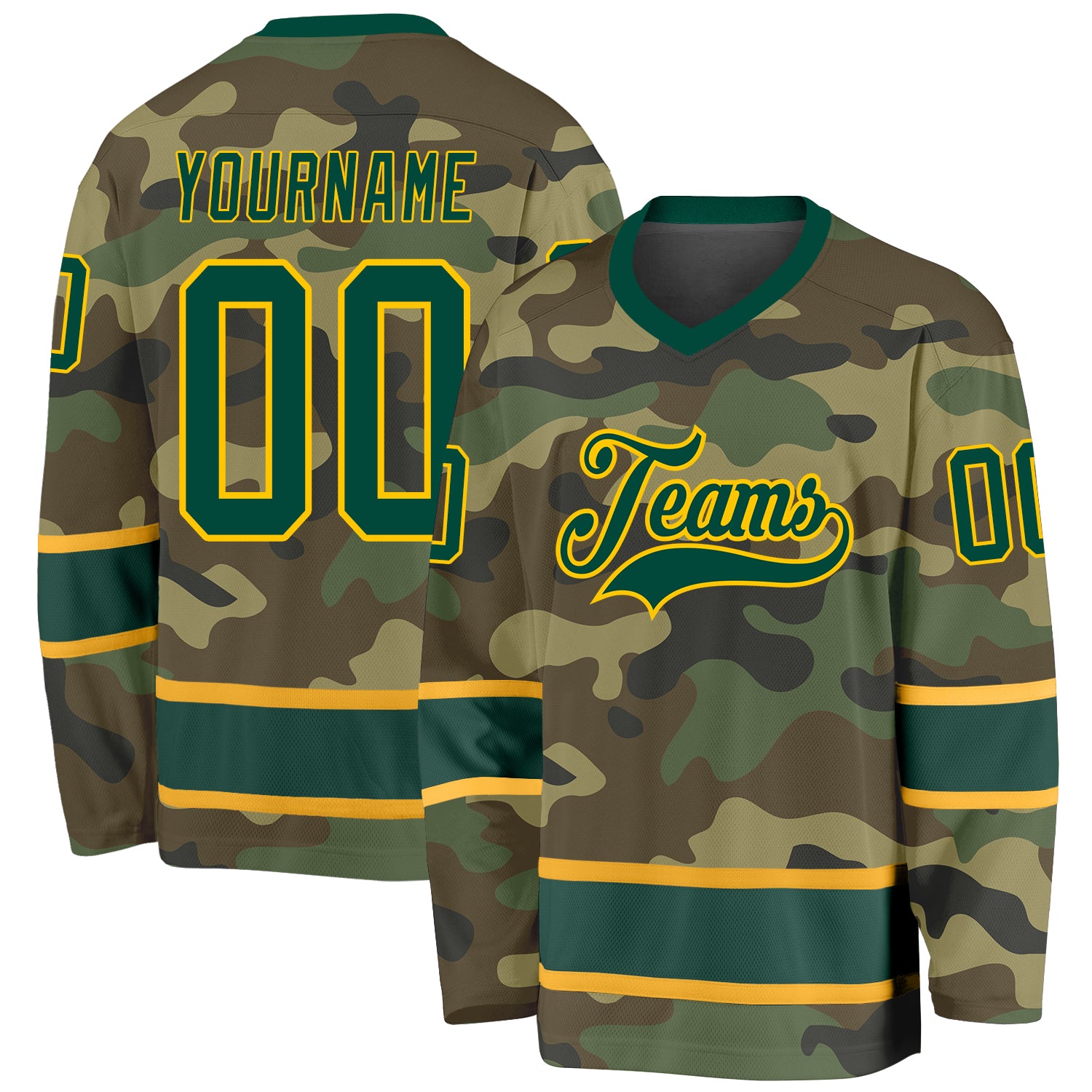 Custom Name Number Salute to Service Camo Green Gold Hockey Jersey - Personalized Team Jersey Personalized Camo Green-Gold