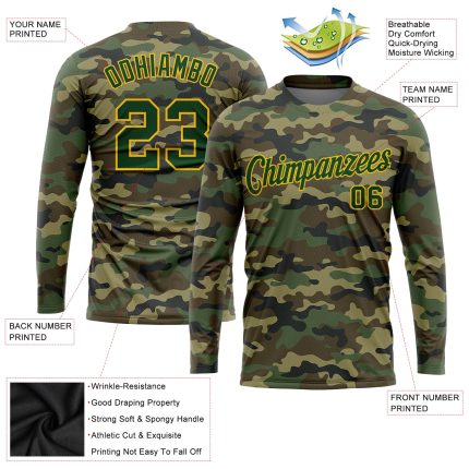 Personalized Camo Green Gold Salute To Service Long Sleeve T-Shirt Performance Top Personalized Camo Green-Gold Salute To