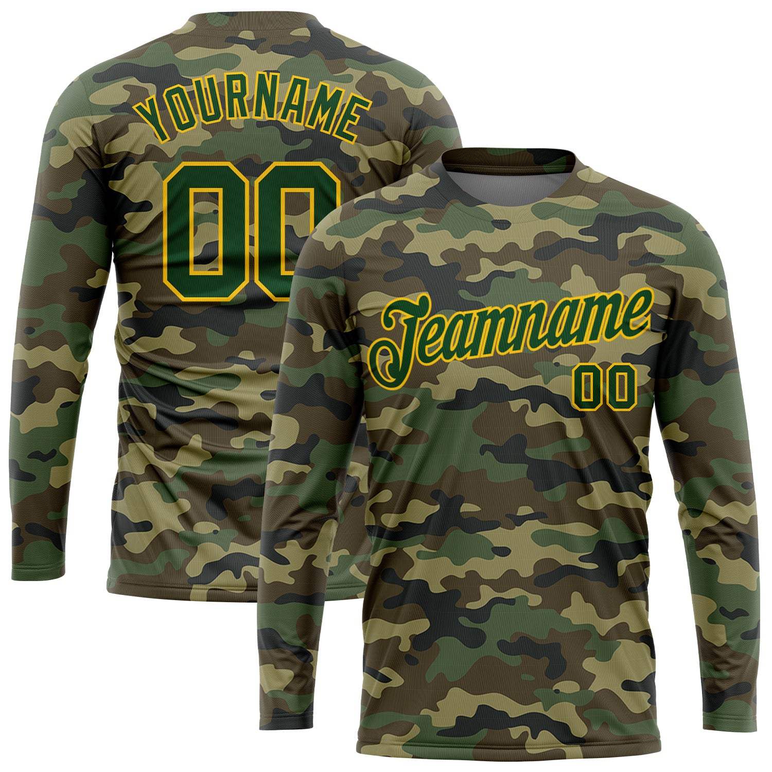 Custom Long Sleeve Performance T-Shirt with Personalized Camo Green-Gold Design, Salute to Service, Name & Number Personalized