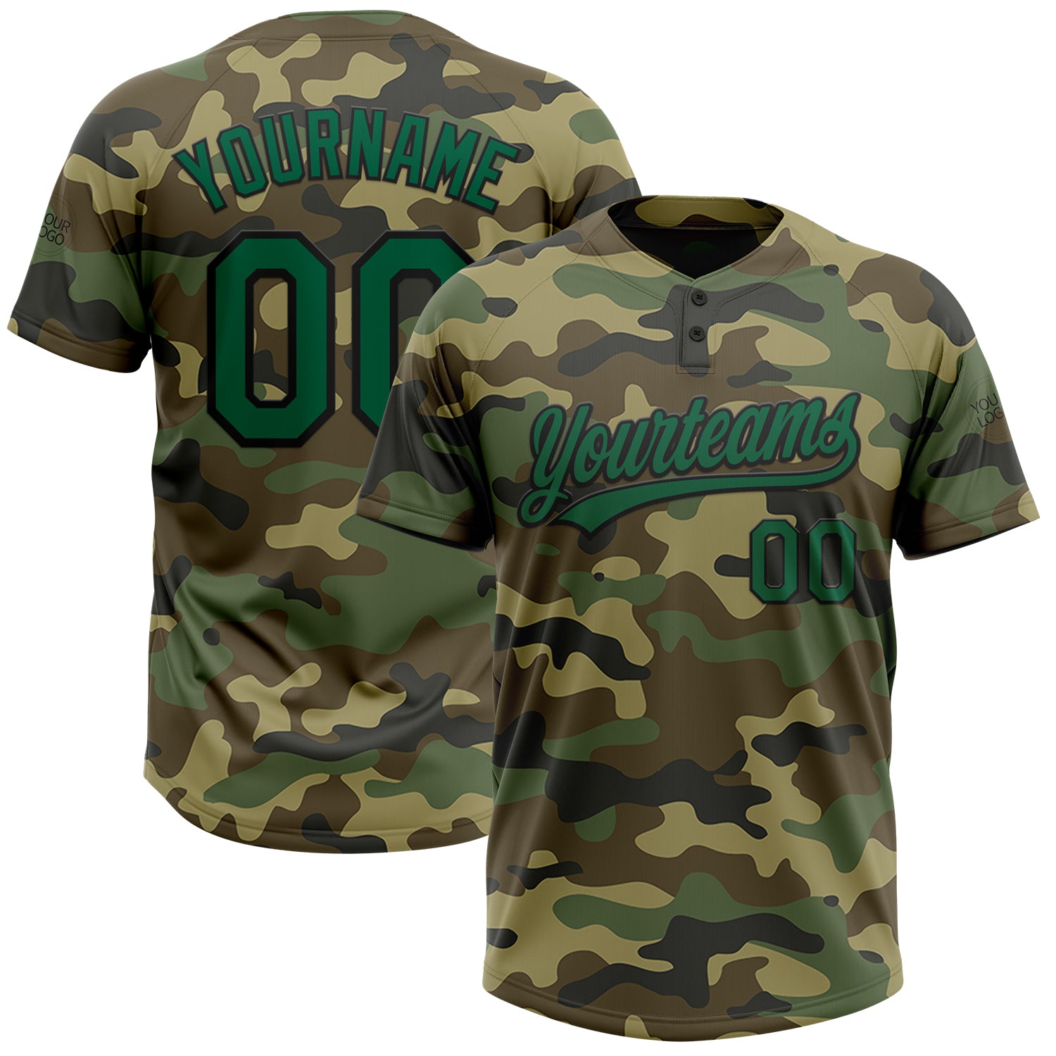 Personalized Camo Two-Button Softball Jersey in Kelly Green and Black - Unisex Salute to Service Personalized Camo Kelly