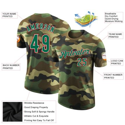 Custom Camo Salute to Service T-Shirt with Team Name & Number - Kelly Green-Red Performance Tee Personalized Camo Kelly Green-Red