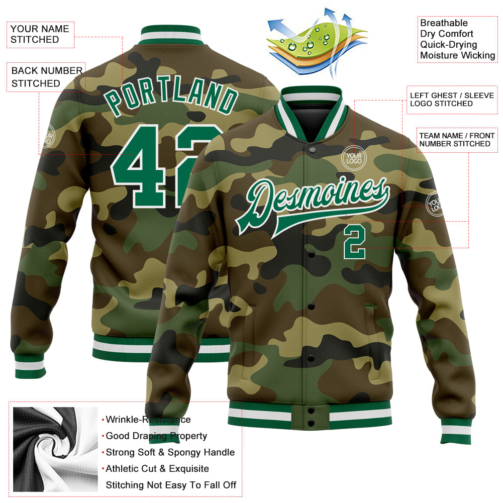 Camo Personalized Kelly Green White Bomber Varsity Letterman Jacket Salute to Service Personalized Camo Kelly Green-White - Image 5