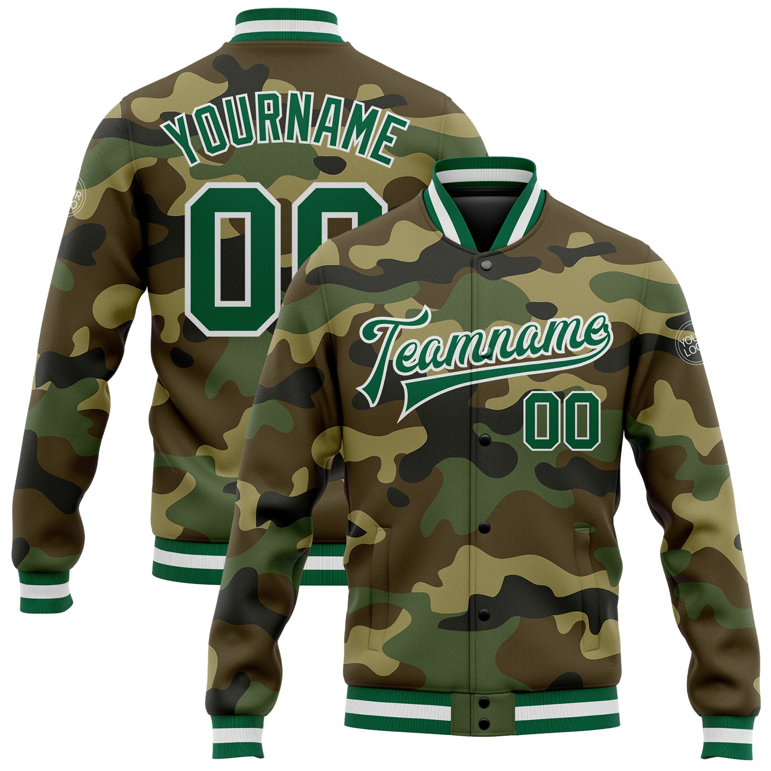 Custom Name Number Varsity Jacket Personalized Bomber Camo Green White Full-Snap Salute to Service Team Apparel Personalized