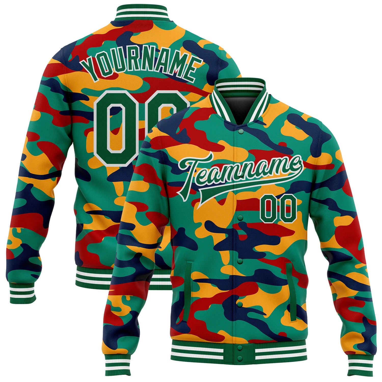 Personalized Fluorescent Camo Varsity Jacket - Green & White 3D Bomber Full-Snap Letterman - Salute To Service Personalized