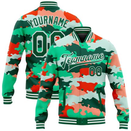Personalized Camo Jacket Fluorescent Green-White 3D Bomber Full-Snap Varsity Letterman Salute To Service Personalized Camo