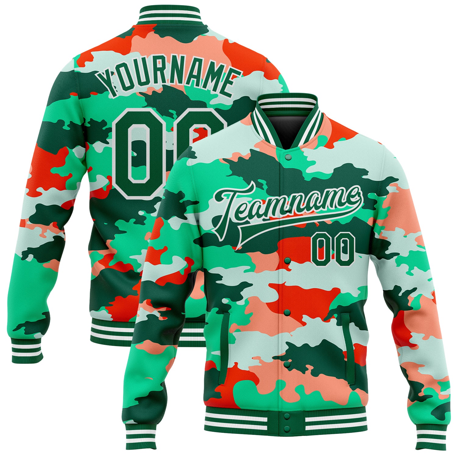 Personalized Camo Jacket Fluorescent Green-White 3D Bomber Full-Snap Varsity Letterman Salute To Service Personalized Camo