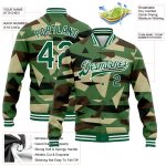 Personalized Kelly Green White Camo 3D Varsity Letterman Jacket - Full-Snap Salute to Service Bomber Personalized Camo Kelly