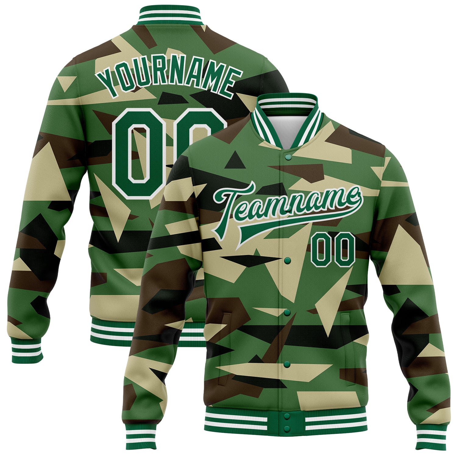 Personalized Kelly Green White Camo 3D Varsity Letterman Jacket - Full-Snap Salute to Service Bomber Personalized Camo Kelly