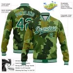 Custom Name & Number Camo Full-Snap Varsity Jacket Geometric 3D Bomber Kelly Green-White Salute To Service Personalized Camo