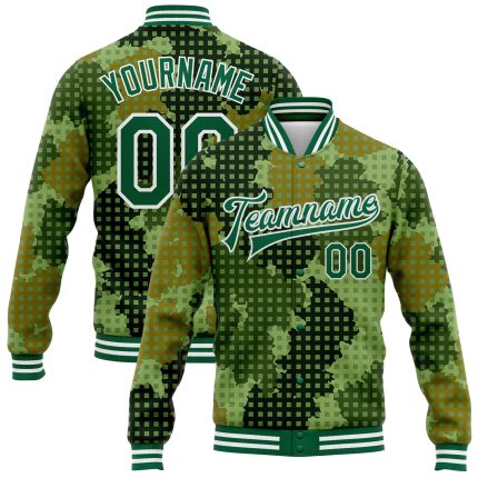 Custom Name & Number Camo Full-Snap Varsity Jacket Geometric 3D Bomber Kelly Green-White Salute To Service Personalized Camo