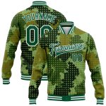 Personalized Camo Jacket Green White 3D Bomber Varsity Letterman Salute to Service Full-Snap Personalized Camo Kelly Green-White