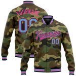 Custom Name Number Camo Bomber Jacket Light Blue Black Pink Varsity Full-Snap Salute to Service Team Letterman Personalized