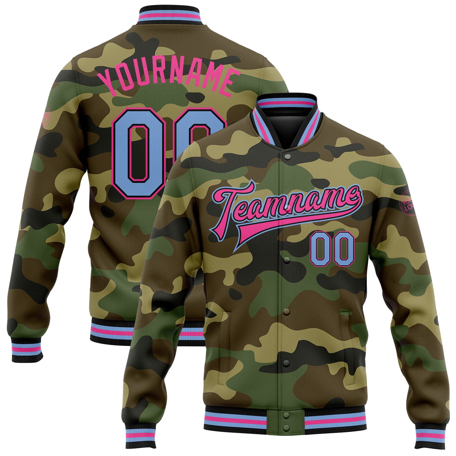Custom Name Number Camo Bomber Jacket Light Blue Black Pink Varsity Full-Snap Salute to Service Team Letterman Personalized