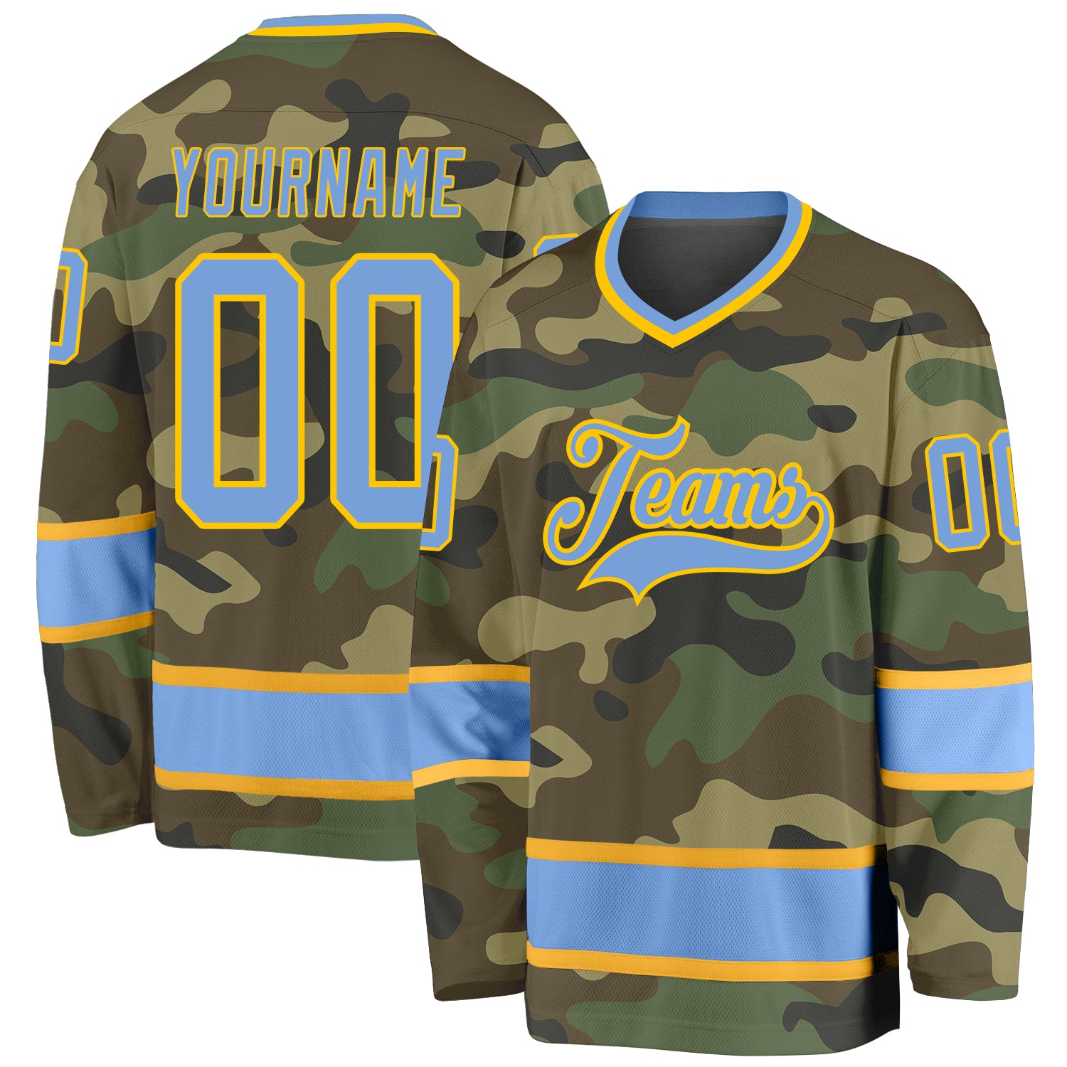 Personalized Camo Light Blue Gold Hockey Jersey - Salute to Service Style Personalized Camo Light Blue-Gold Salute To Service
