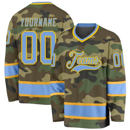 Custom Name and Number Camo Hockey Jersey - Light Blue Gold Salute to Service Personalized Camo Light Blue-Gold Salute To