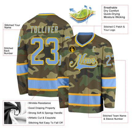 Custom Name and Number Camo Hockey Jersey - Light Blue Gold Salute to Service Personalized Camo Light Blue-Gold Salute To