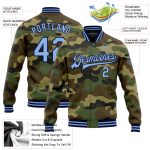 Custom Name & Number Camo Bomber Jacket Light Blue-Navy Varsity Letterman Salute to Service Full-Snap Personalized Camo Light