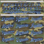 Custom Name & Number Camo Bomber Jacket Light Blue-Navy Varsity Letterman Salute to Service Full-Snap Personalized Camo Light