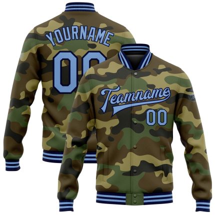 Custom Name & Number Camo Bomber Jacket Light Blue-Navy Varsity Letterman Salute to Service Full-Snap Personalized Camo Light