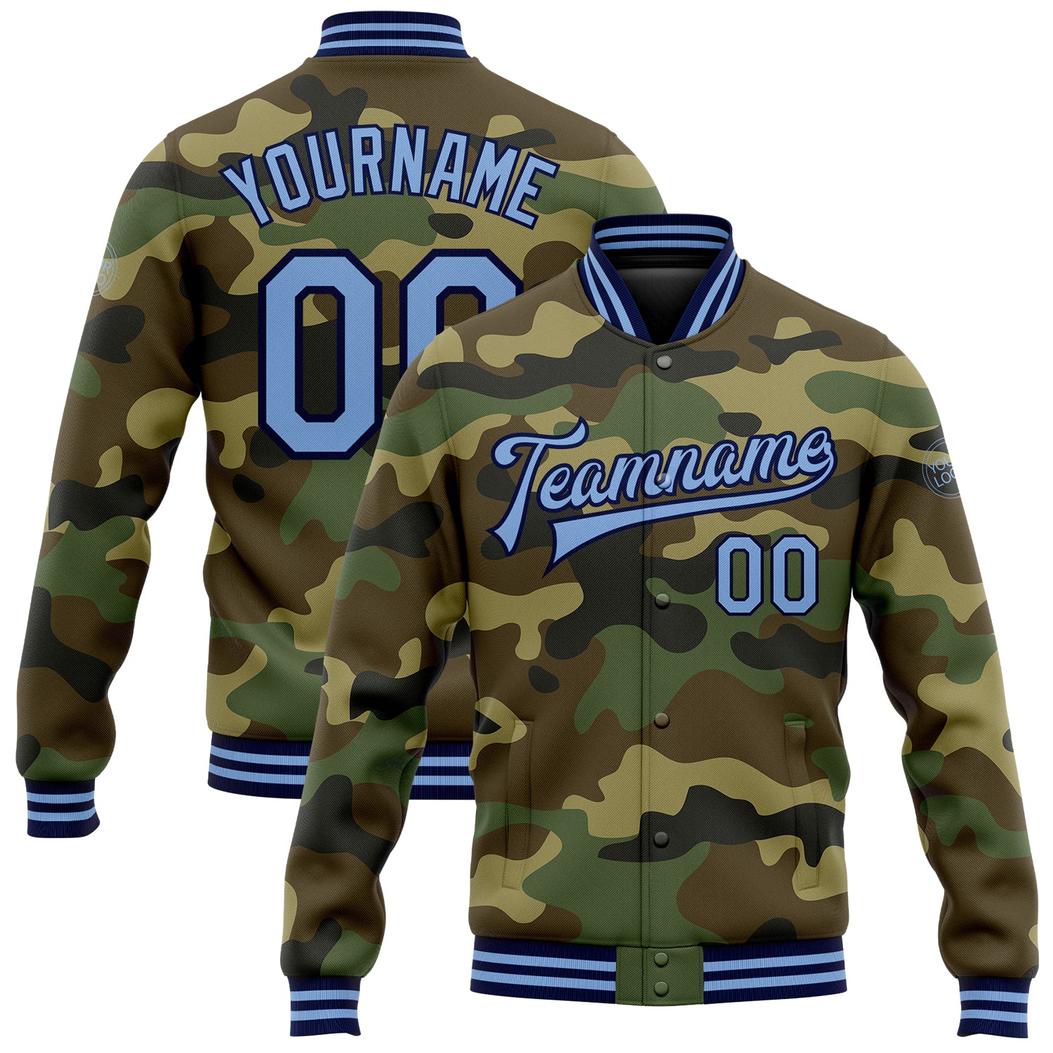 Custom Name & Number Camo Bomber Jacket Light Blue-Navy Varsity Letterman Salute to Service Full-Snap Personalized Camo Light
