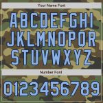 Custom Name & Number Camo Bomber Jacket Light Blue-Navy Varsity Letterman Salute to Service Full-Snap Personalized Camo Light