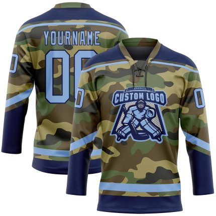 Personalized Camo Jersey Light Blue Navy Salute To Service Hockey Lace Neck Personalized Camo Light Blue-Navy Salute To Service