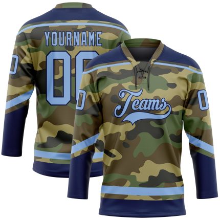 Custom Name and Number Hockey Jersey in Light Blue and Navy Camo - Salute to Service Lace Neck Team Apparel Personalized